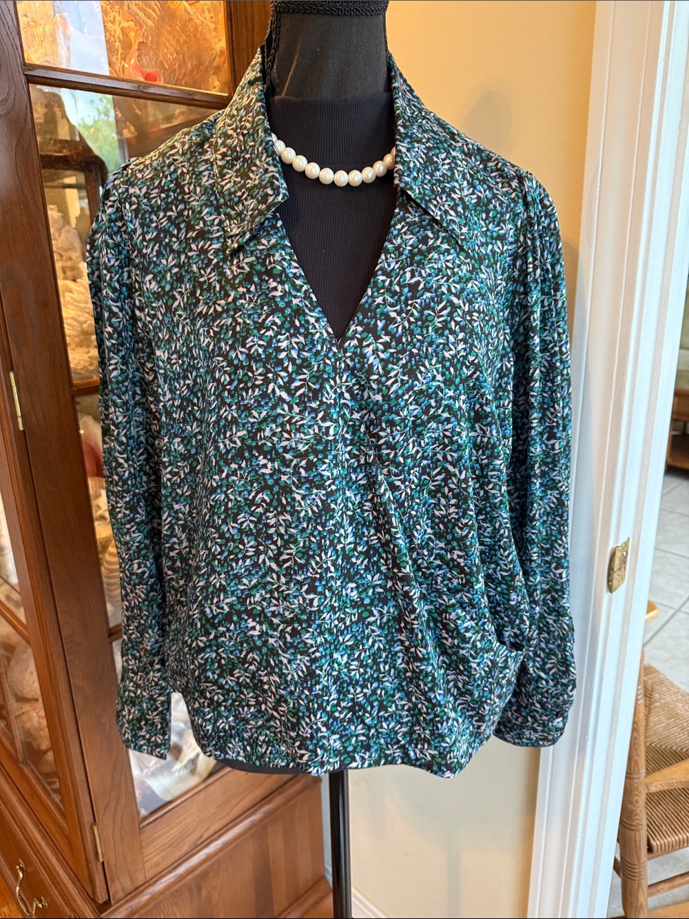 Apiece Apart Black and Green Floral Collared Long-Sleeve Blouse